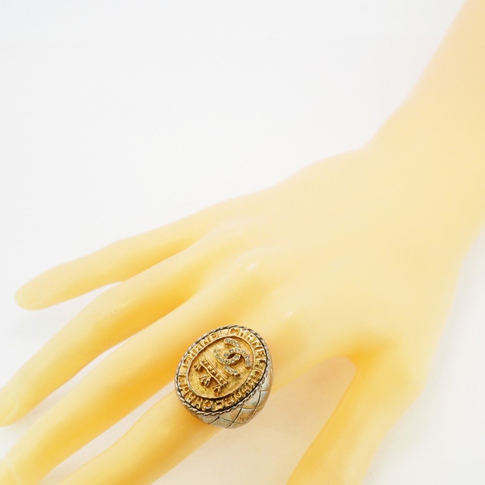 CHANEL Band Ring Coco Mark Oval GP Plated Metal Rhinestone Gold Silver Size 6 - Picture 6 of 10